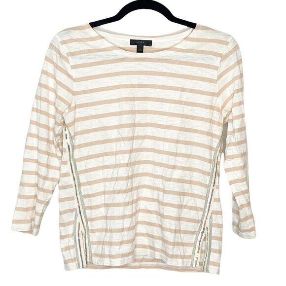 J. Crew Women’s Sequined Sailor Side Cream Tan Striped Shirt Size Small - Picture 1 of 8